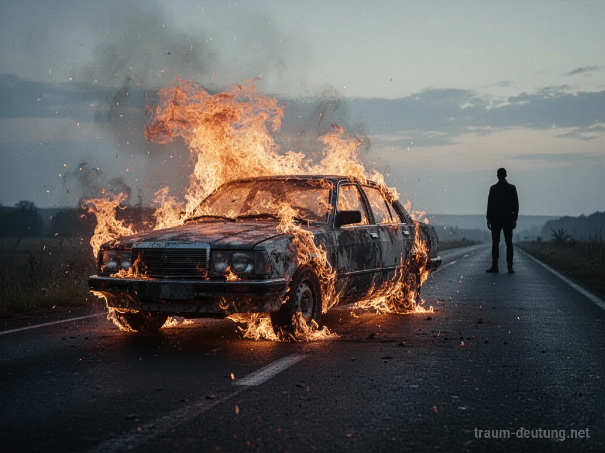 Ein Auto steht in Flammen auf einer dunklen Straße.