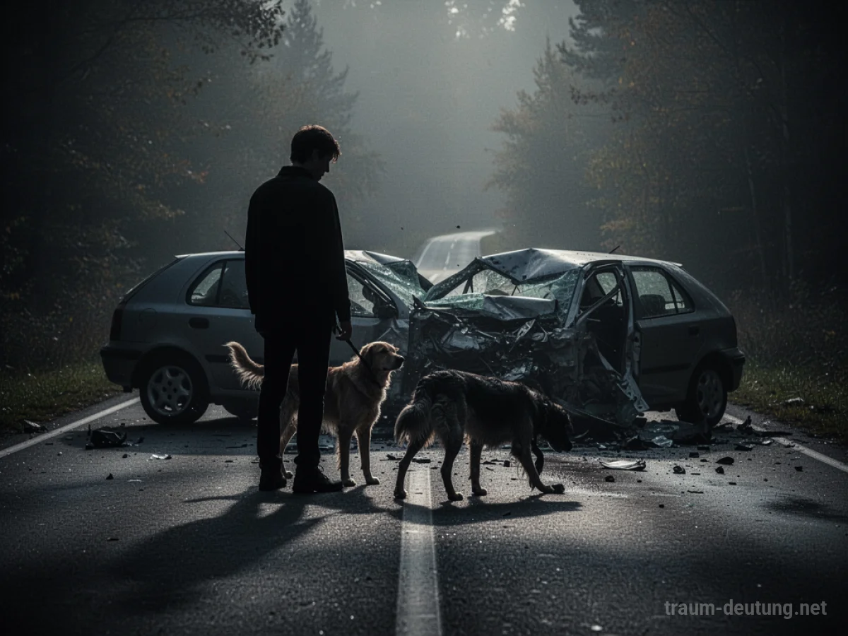 Silhouette von Mensch und Hund neben einem Autowrack auf dunkler Straße