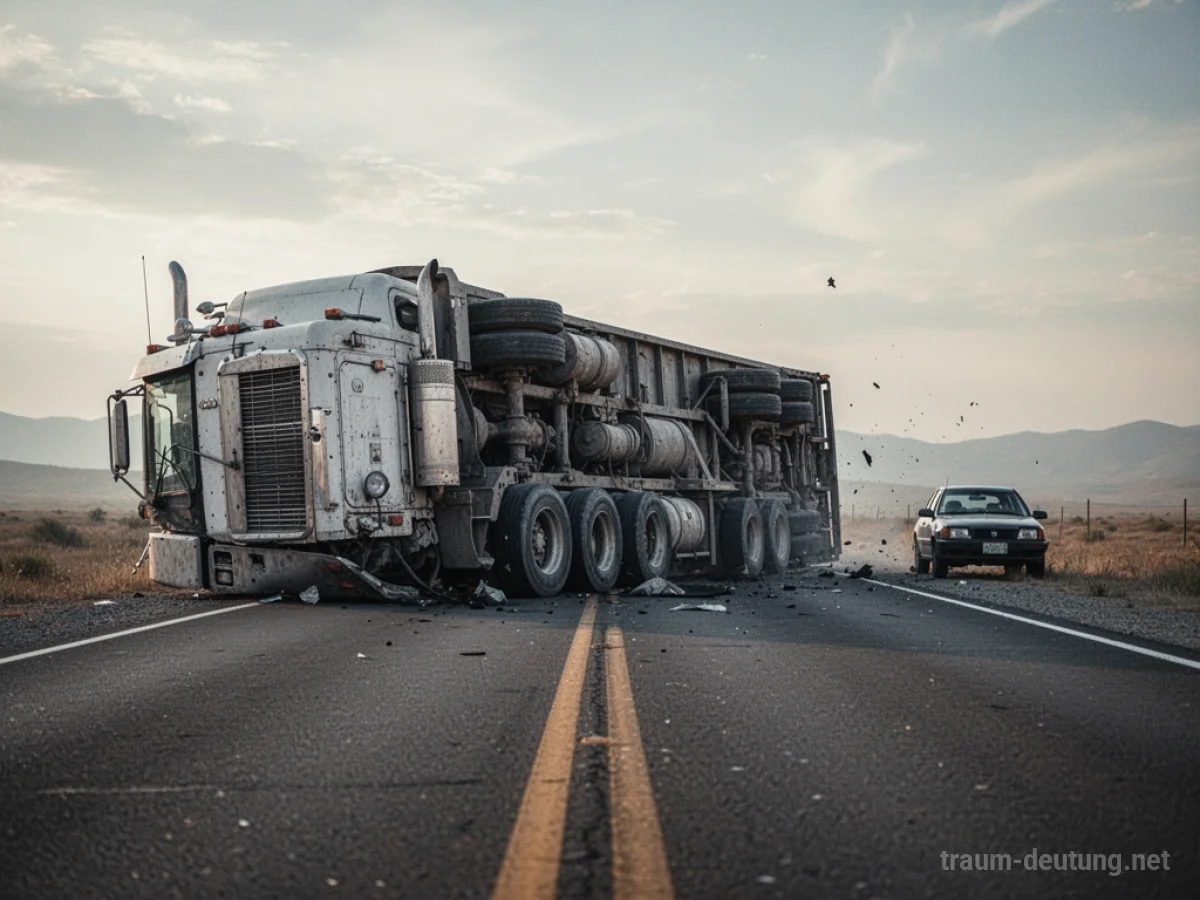 Ein umgekippter LKW auf einer einsamen Straße, aus niedriger Perspektive