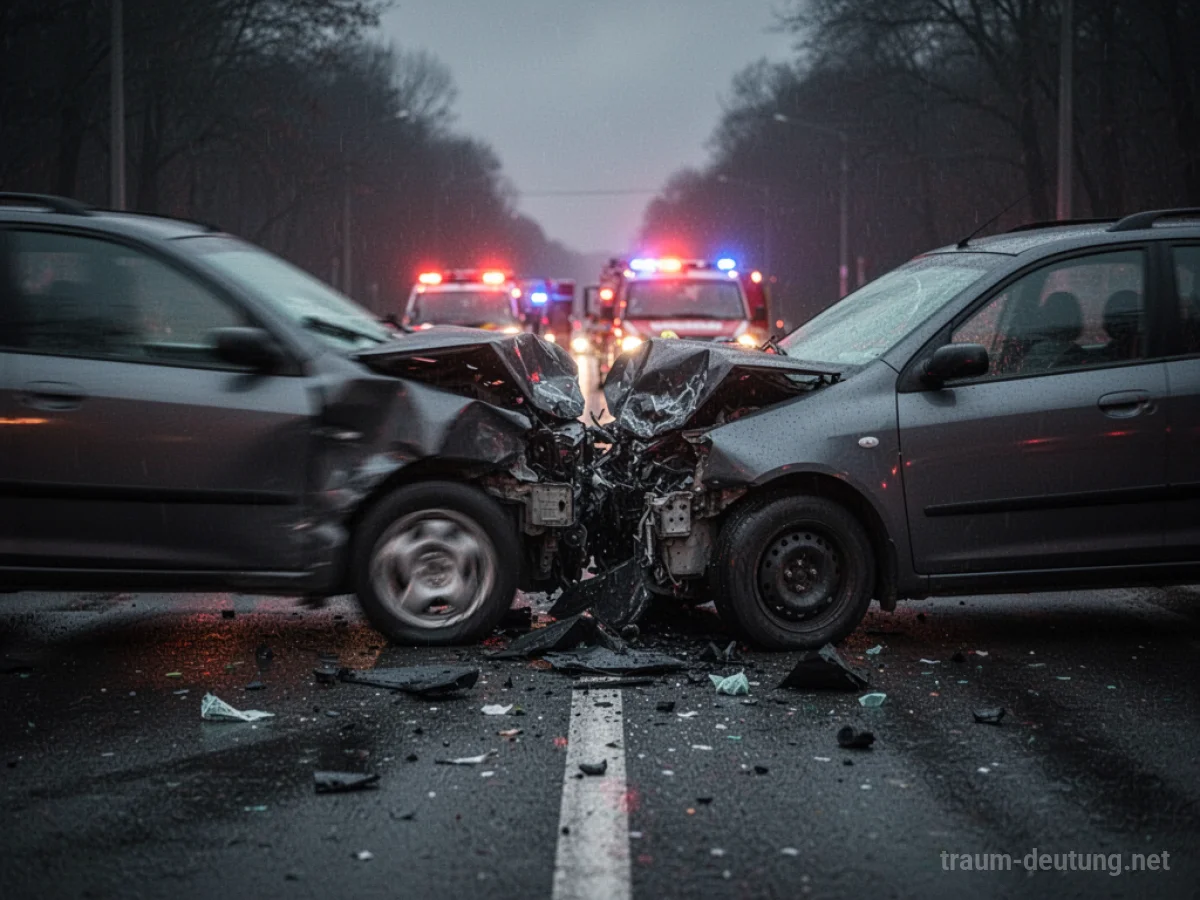 Autounfall mit zerknitterten Fahrzeugen auf einer dunklen Straße im Schein von Blaulicht.