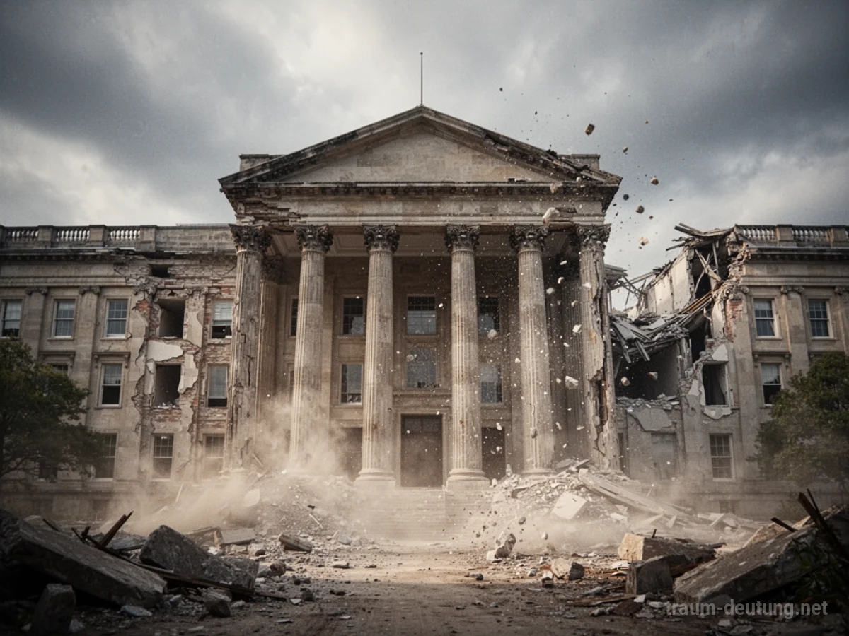 Eine Universität mit einstürzender Fassade und fallendem Geröll