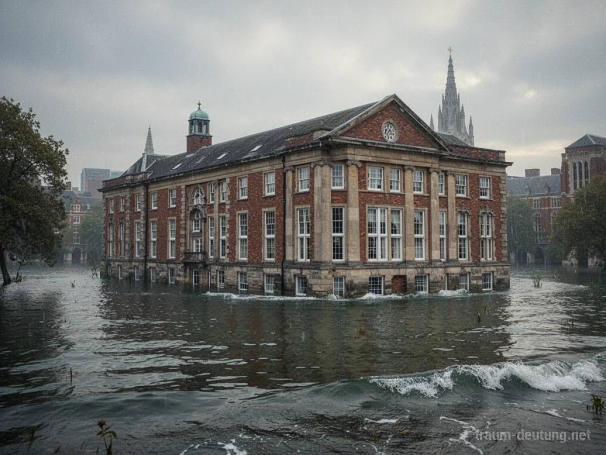 Universitätsgebäude steht in Wasser, das bis zu den Fenstern reicht.
