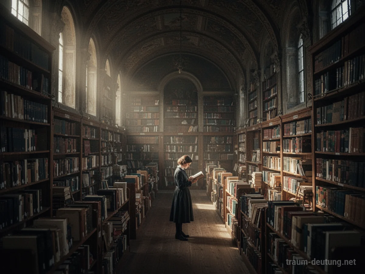 Suchende Figur in einer weitläufigen Universitätsbibliothek mit hohen Regalen voller Bücher.