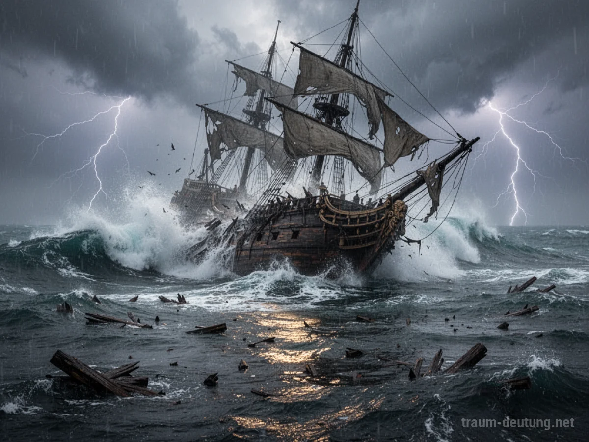 Traumdeutung Untergang: Ein altes Schiff versinkt in einem stürmischen Meer unter dramatischem Himmel, mit Wellen, die über die Decks schlagen.