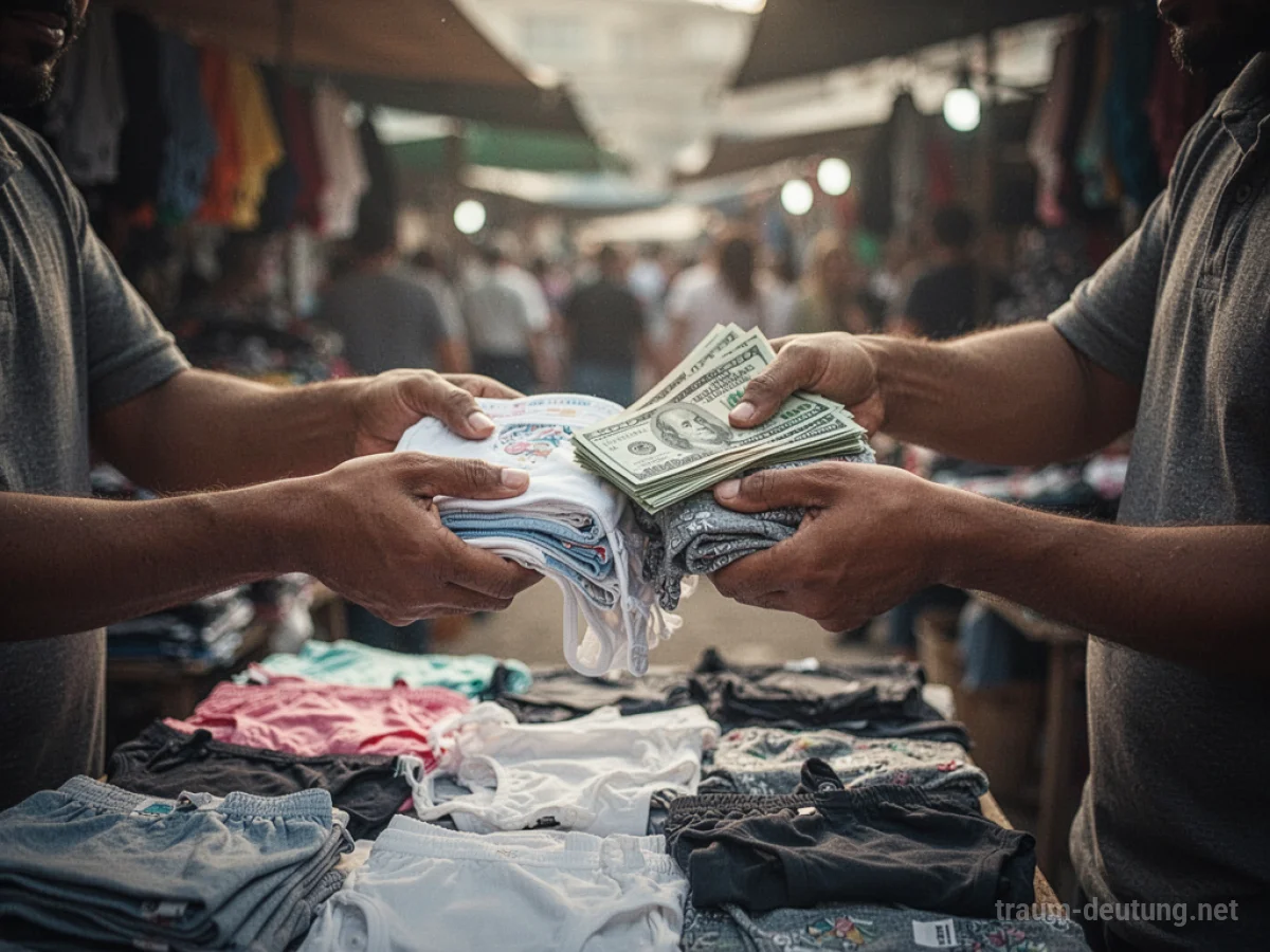 Hände tauschen Unterwäsche gegen Geld in einem Markt.