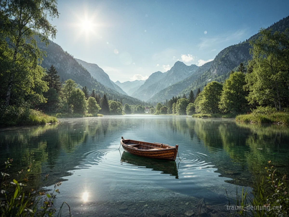 Ein idyllischer See mit einem kleinen Boot im Sonnenschein, umgeben von Bäumen.