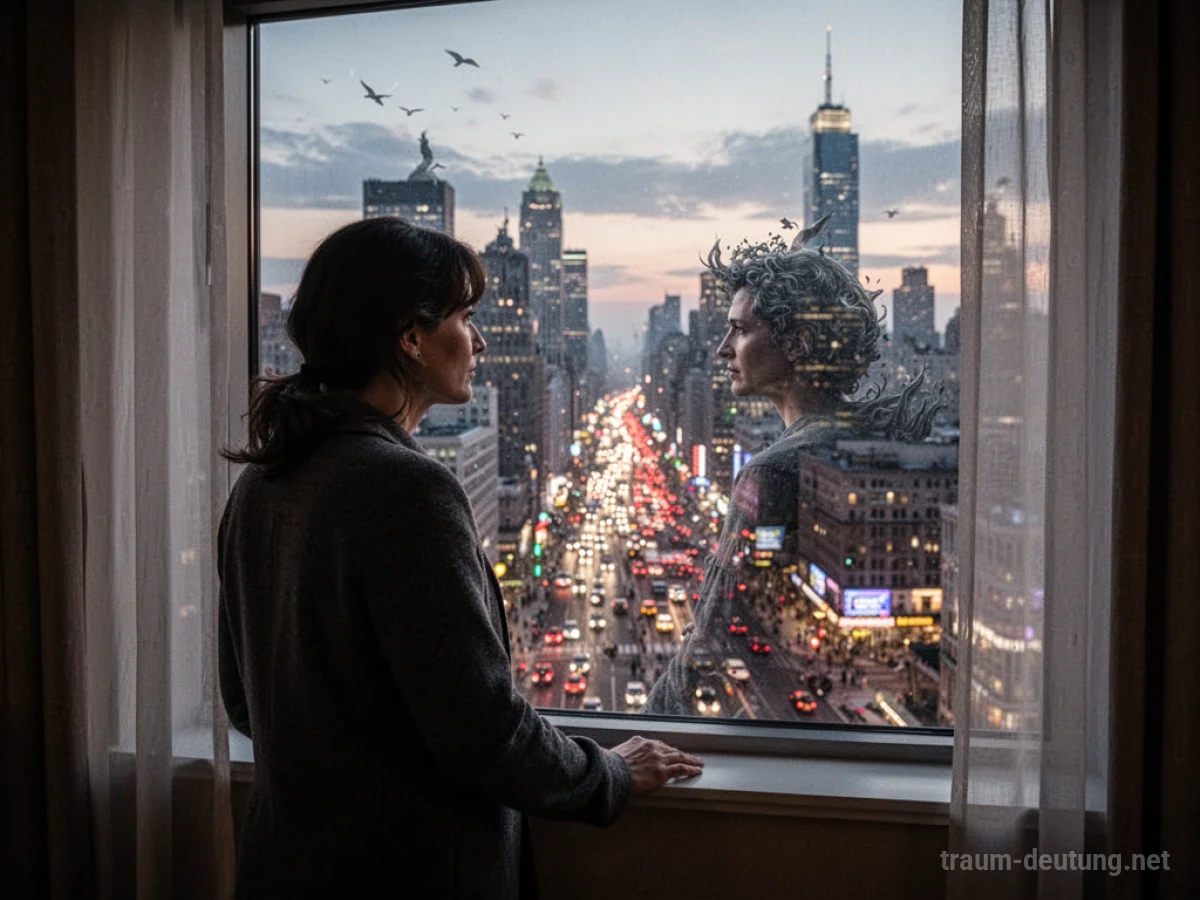 Blick aus einem Hotelfenster auf eine belebte Stadt bei Dämmerung.