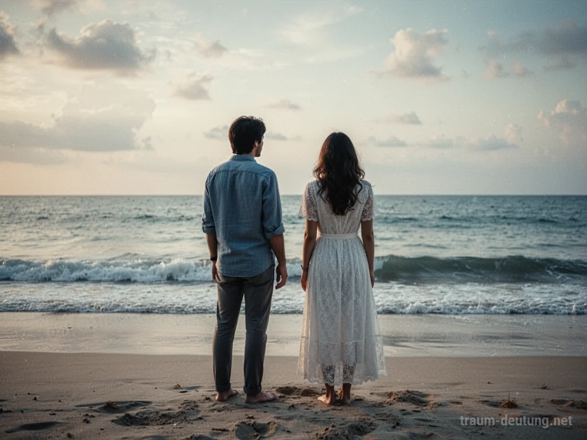 Ein Paar steht an einem Strand und blickt auf das Meer, mit einer Spur von Distanz zwischen ihnen.
