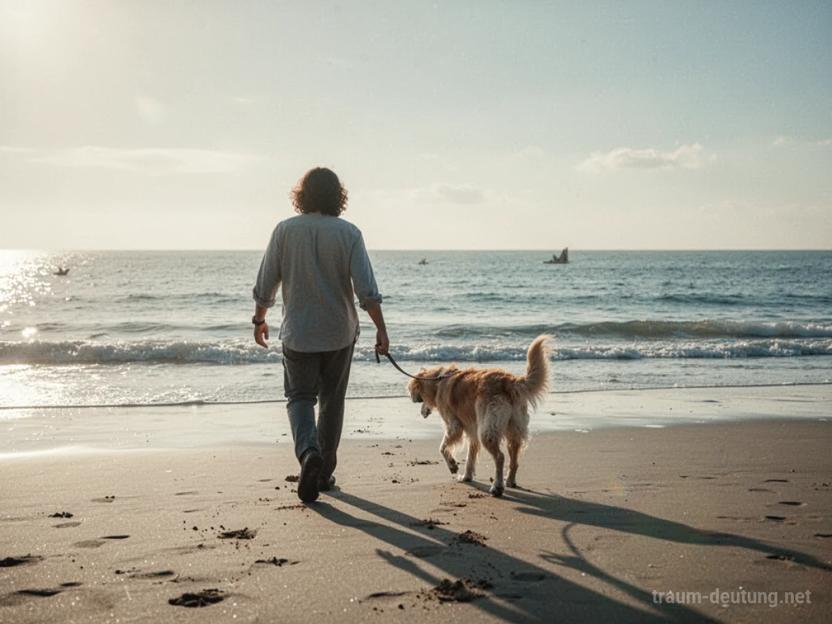 Mensch und Hund spazieren am Strand im Urlaub