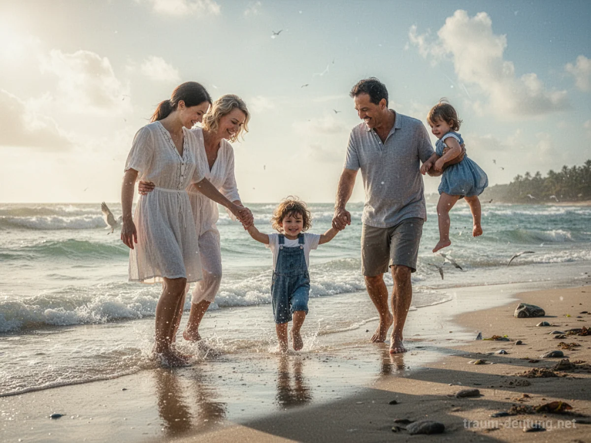 Familie mit Kind spielt am Strand im Urlaub