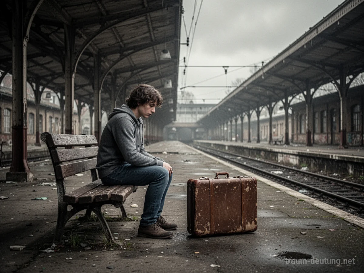 Person mit Koffer wartet auf einem leeren Bahnhof.