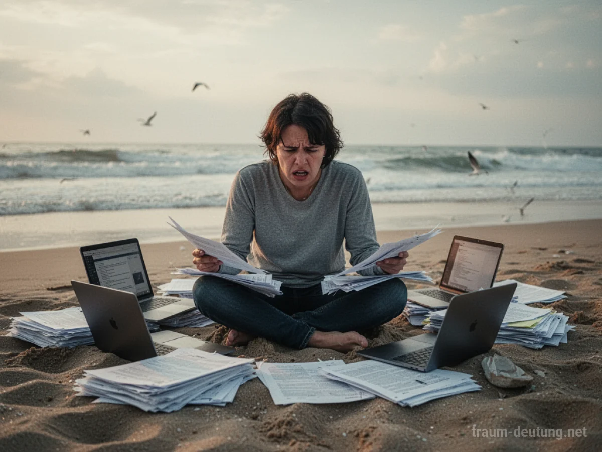 Person am Strand mit Laptops und Papieren, wirkt gestresst.