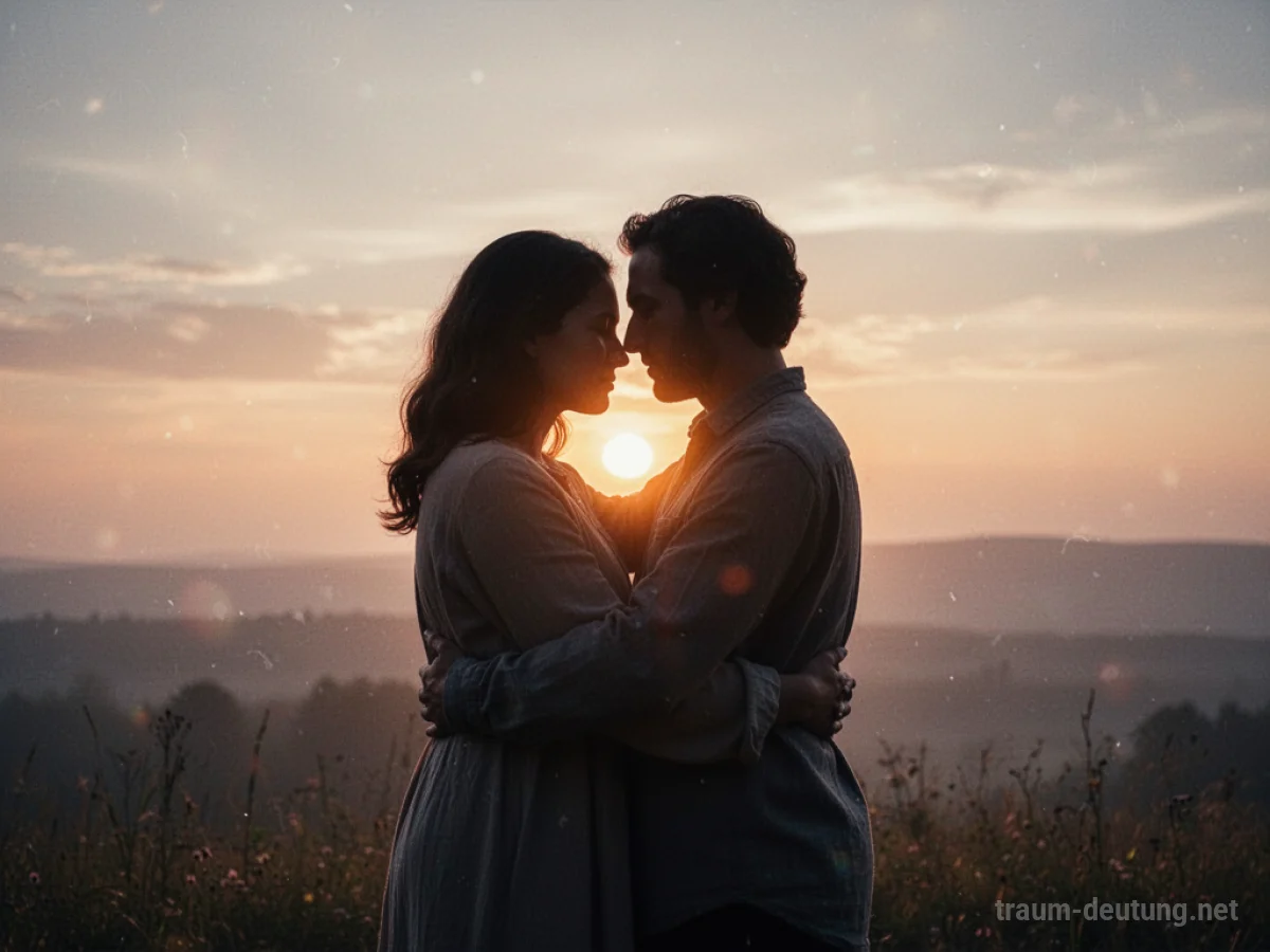 Zwei Silhouetten umarmen sich im warmen Licht eines Sonnenaufgangs.