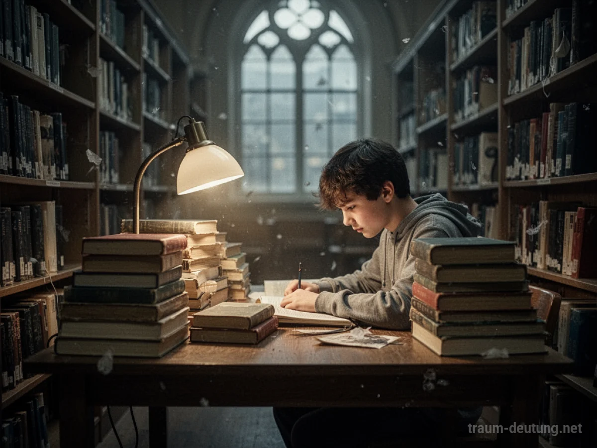 Ein einsamer Student lernt in einer dunklen Bibliothek für die Universität.
