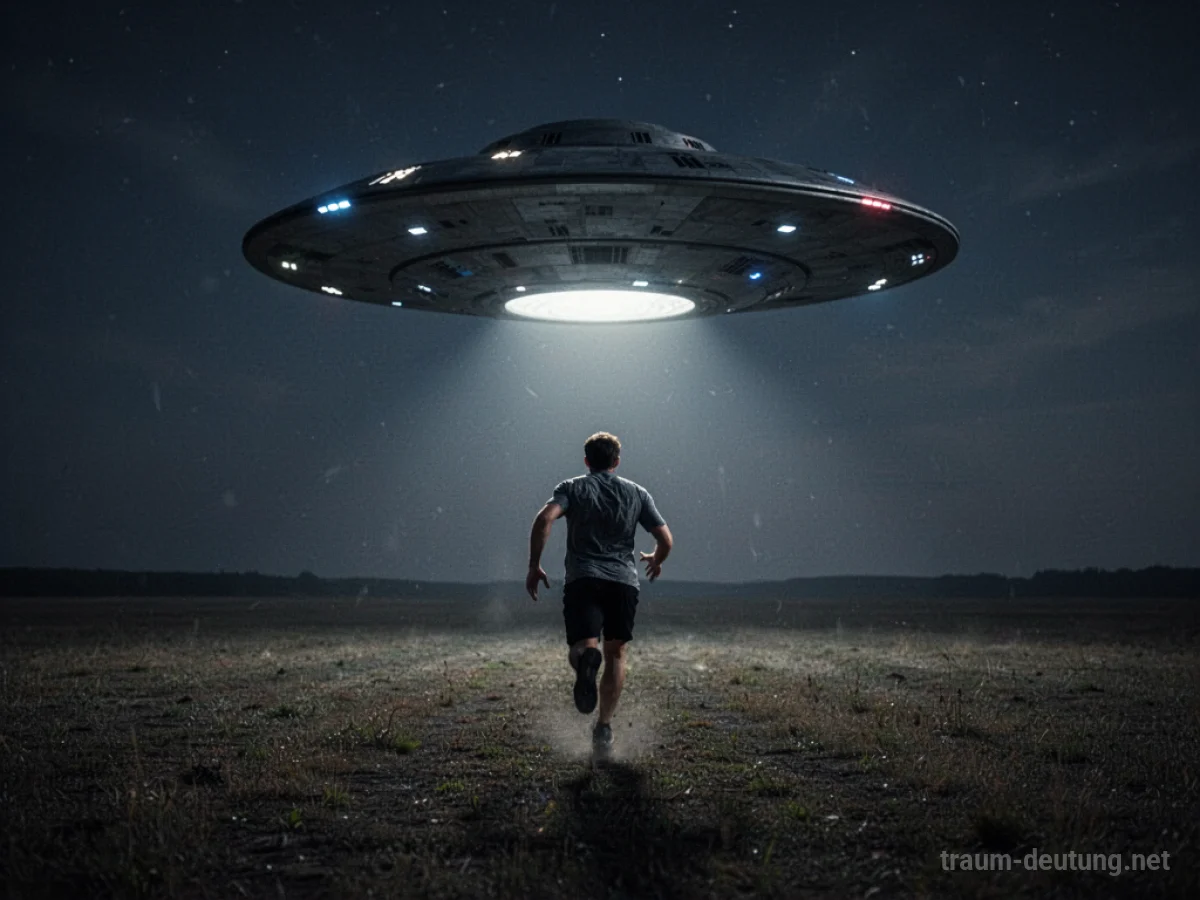 Person flieht vor einem großen UFO auf einem dunklen Feld