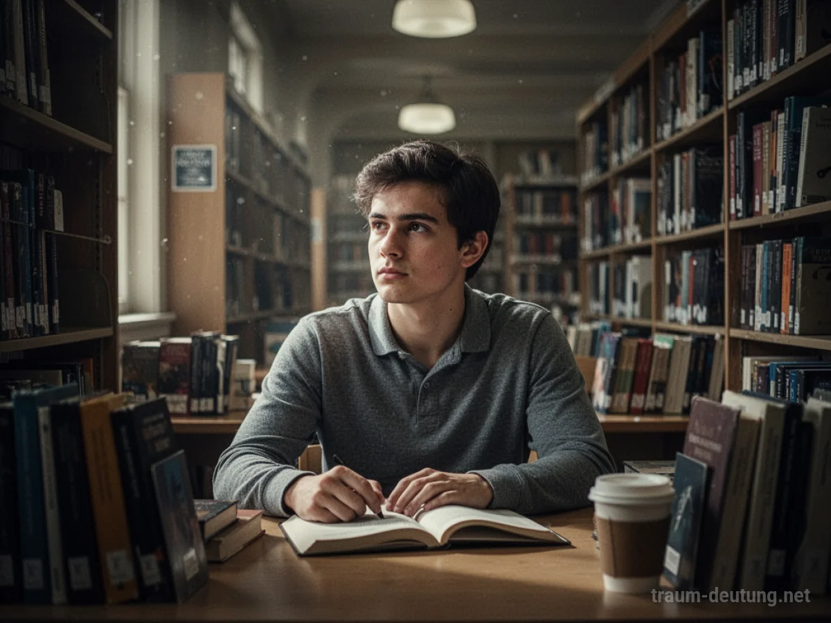 Eine Person sitzt in einer dunklen Universitätsbibliothek und denkt nach.