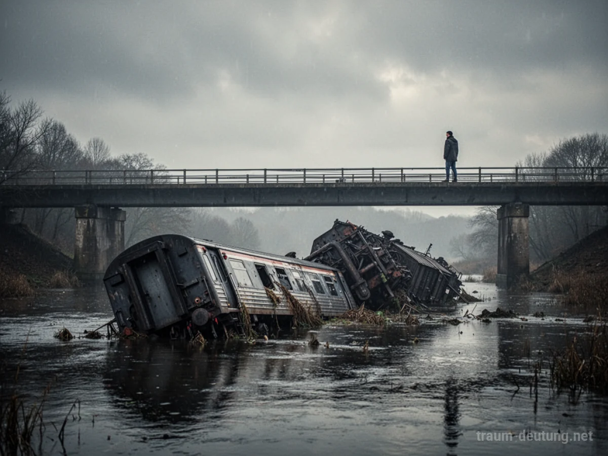 Ein entgleister Zug in der Nähe von Wasser, eine Person steht auf einer Brücke und blickt darauf.