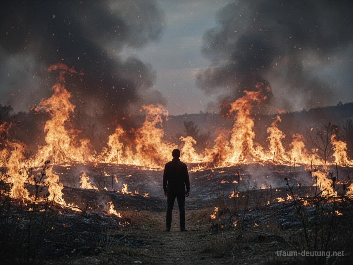 Eine Landschaft, die von Flammen verzehrt wird, mit einer einzelnen Silhouette im Vordergrund.
