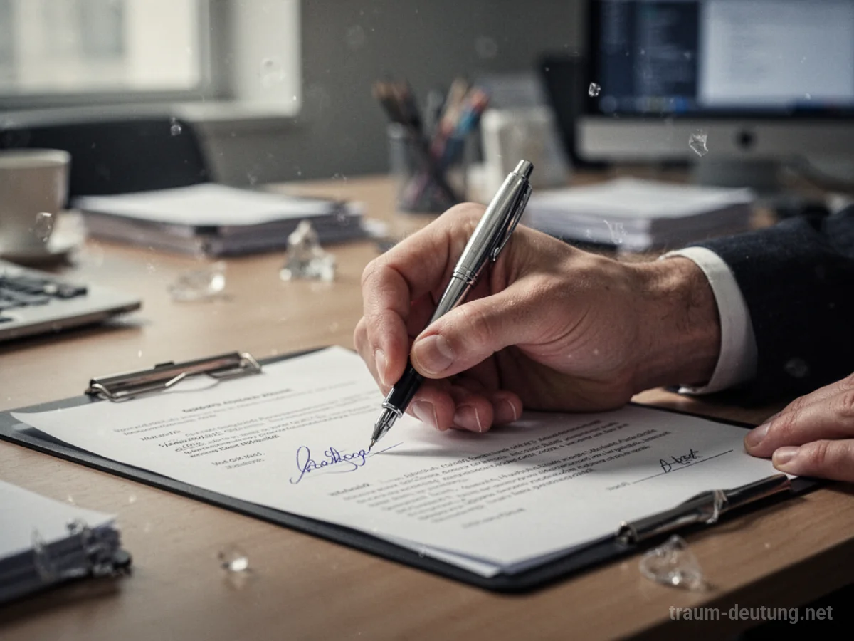 Hand unterschreibt einen Arbeitsvertrag am Schreibtisch.