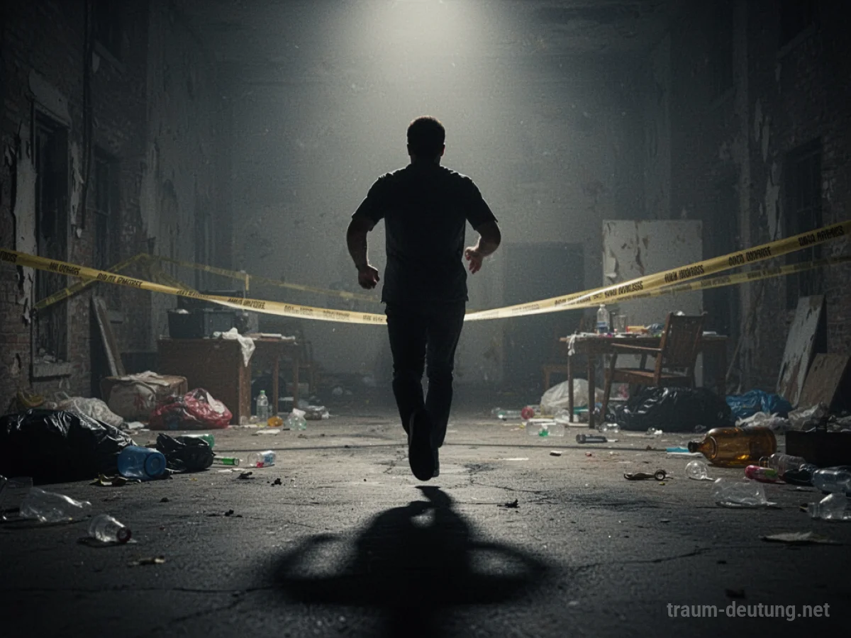Silhouetten einer Person, die vor einem dunklen Tatort flieht