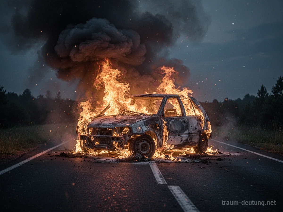 Ein Auto steht auf einer dunklen Straße und brennt lichterloh.