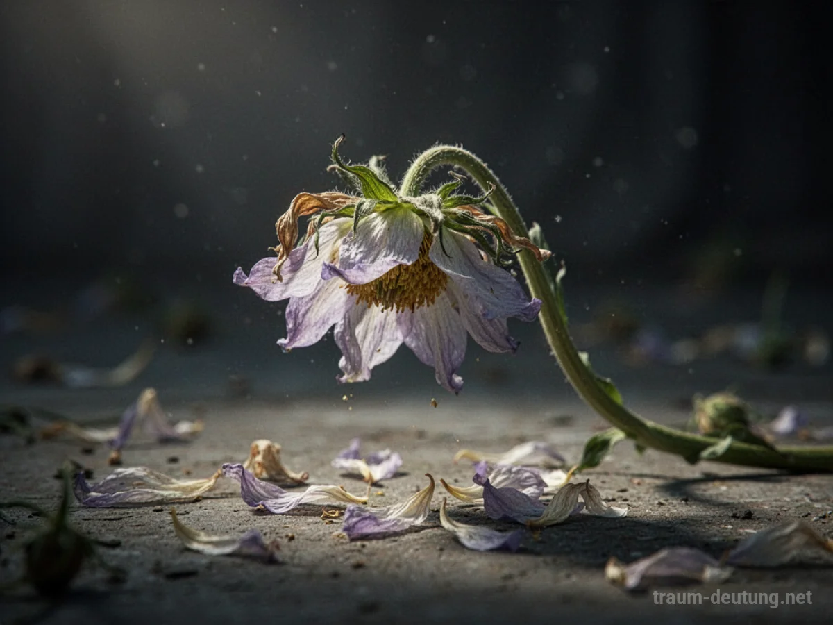 Verwelkende Blume mit fallenden Blütenblättern im Halbdunkel