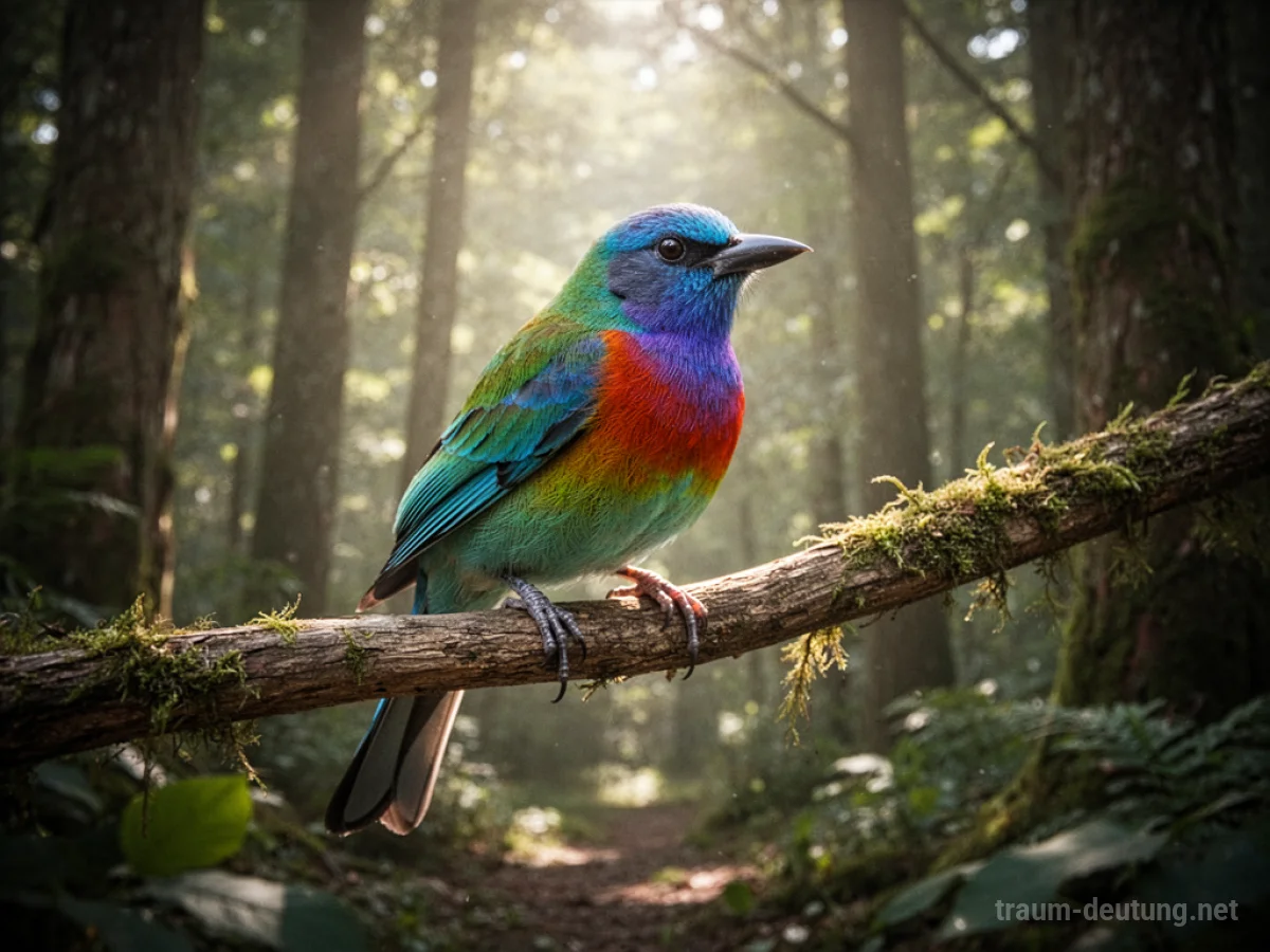 Ein bunter Vogel sitzt auf einem Ast in einem sonnigen Wald.