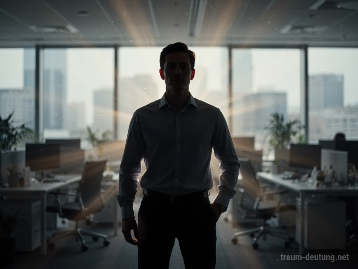 Eine Person steht als Silhouette vor einem Büro, Lichtstrahlen hinter ihr.