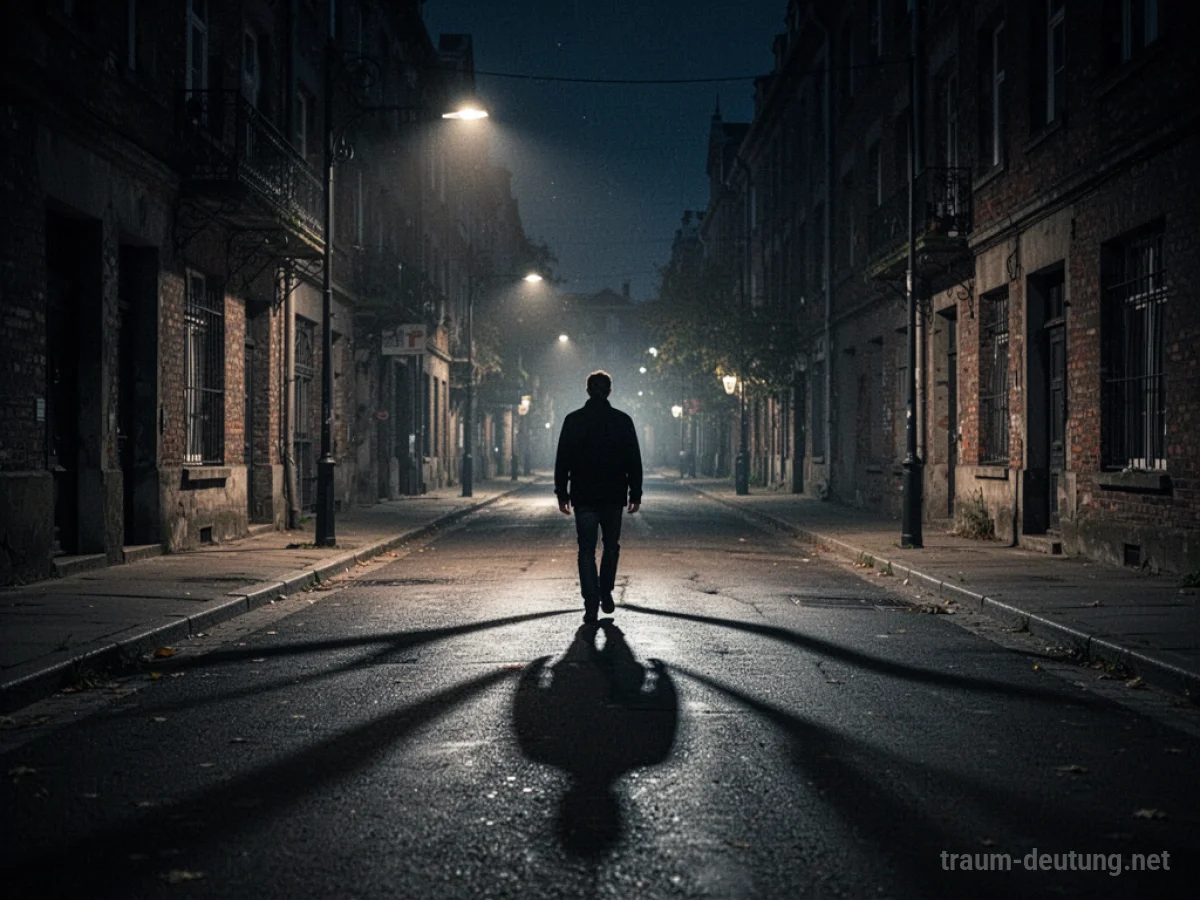 Eine einzelne Person geht nachts eine dunkle, leere Straße entlang, umgeben von langen Schatten.