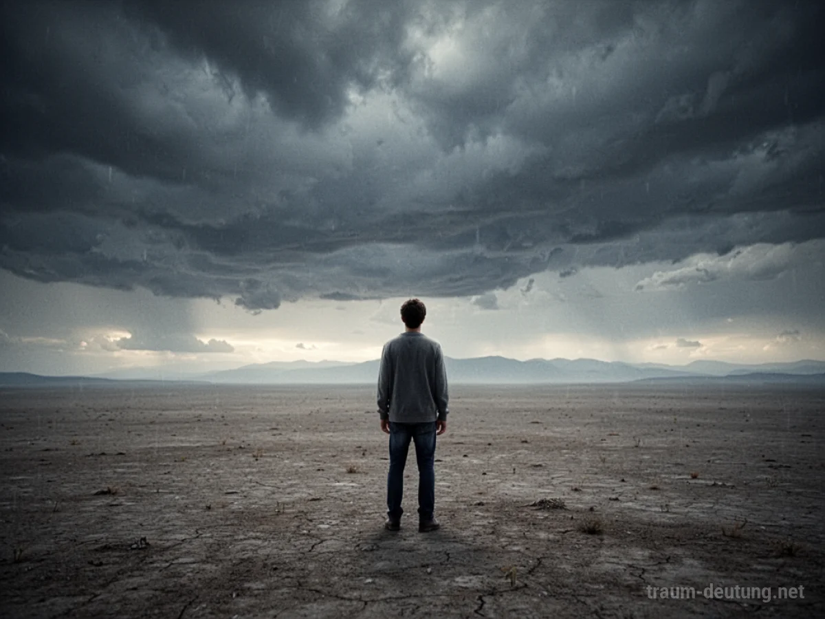 Eine Person steht allein in einer weiten, leeren Landschaft unter einem dunklen Himmel.