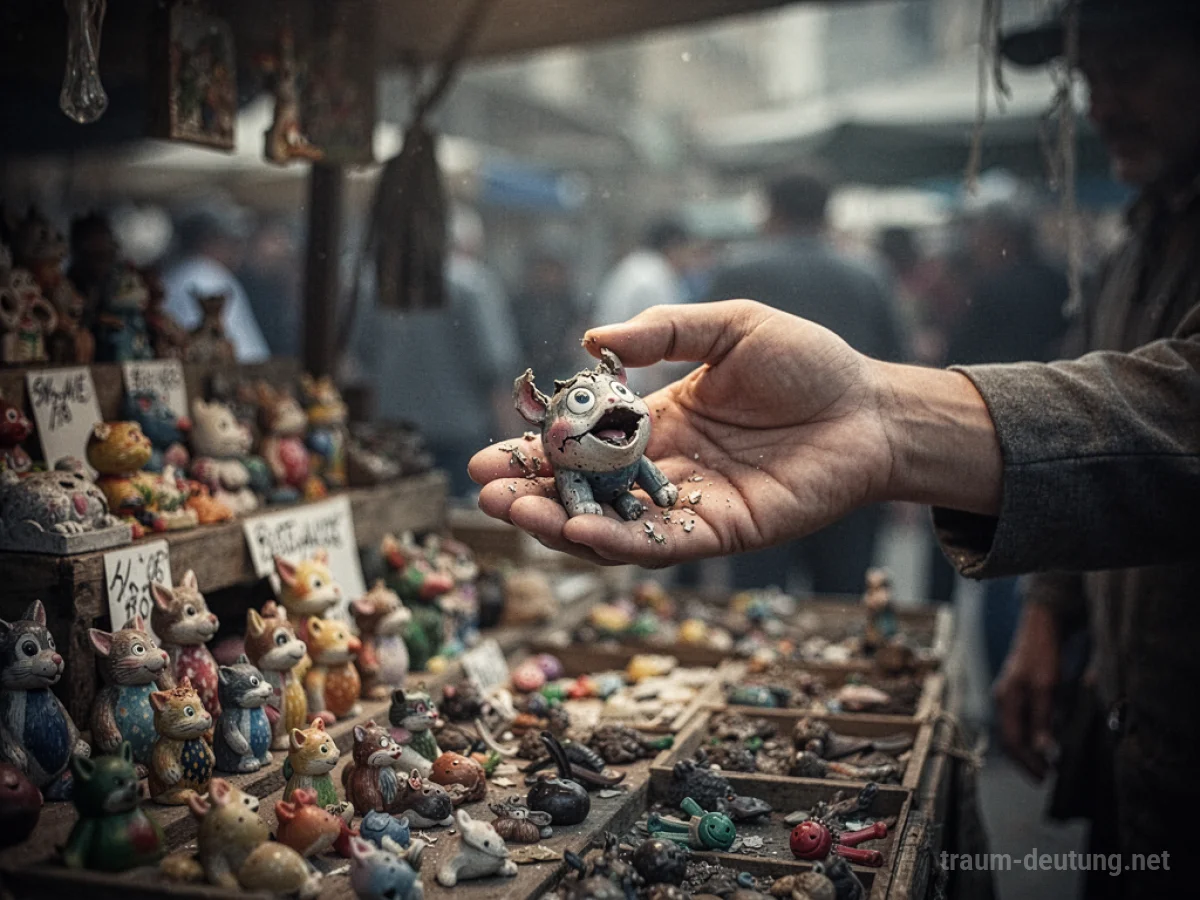 Eine Hand bietet ein kaputtes Spielzeug auf einem Marktstand an.