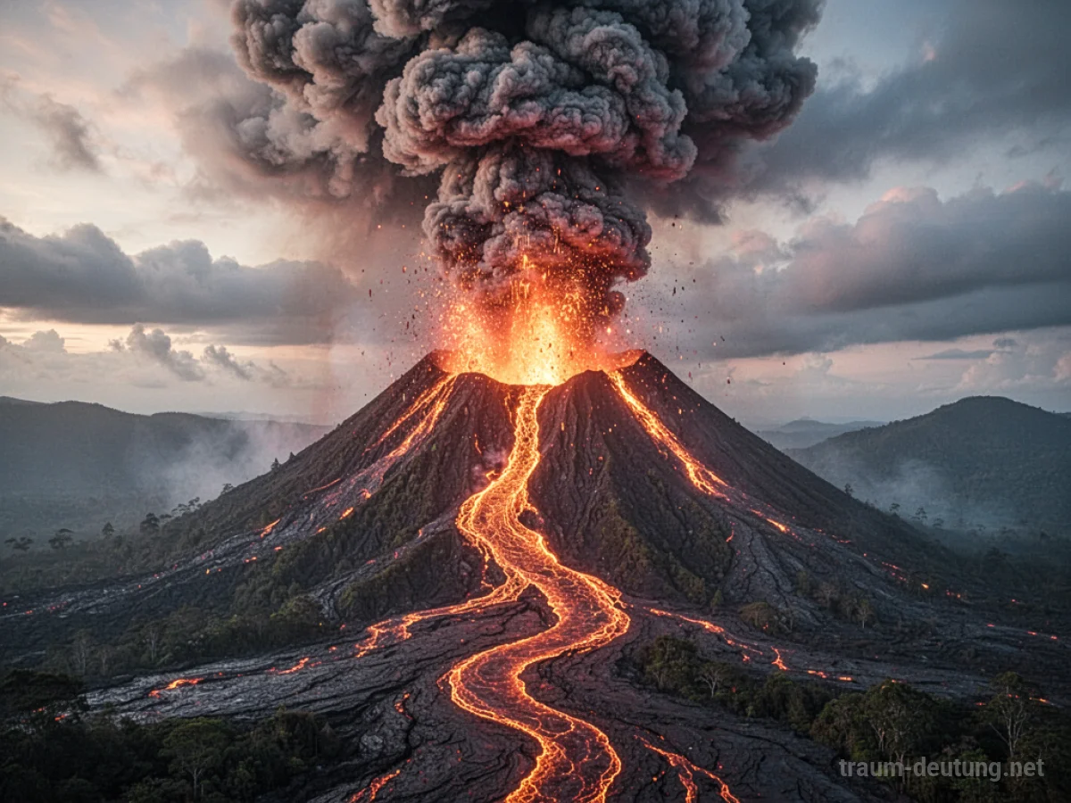 Ein explodierender Vulkan speit Feuer und Asche in den Himmel.