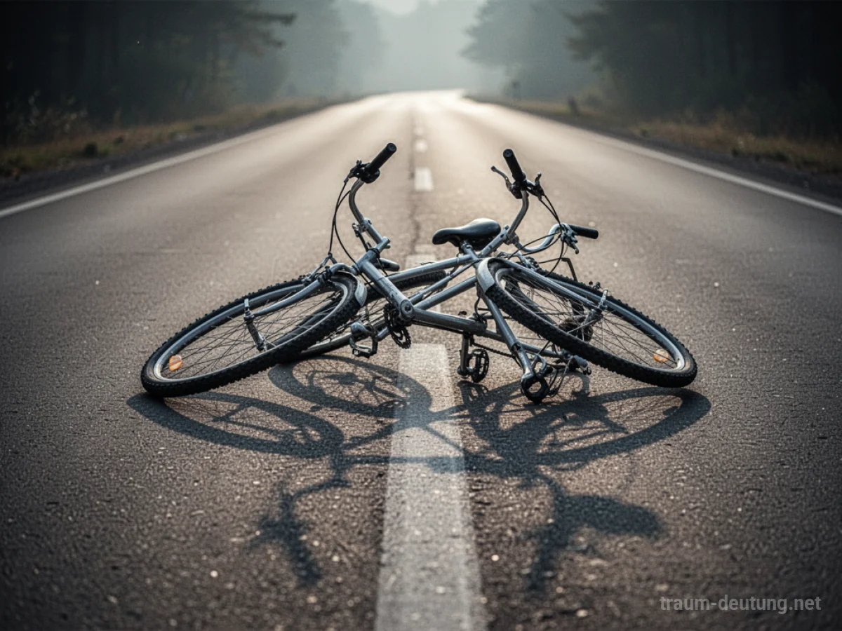 Fahrrad liegt umgekippt auf einer leeren Straße, Schatten fällt darüber