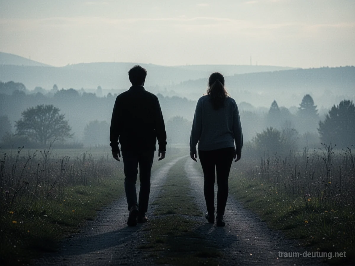 Zwei Silhouetten von Menschen, die sich auf einem Weg voneinander entfernen.