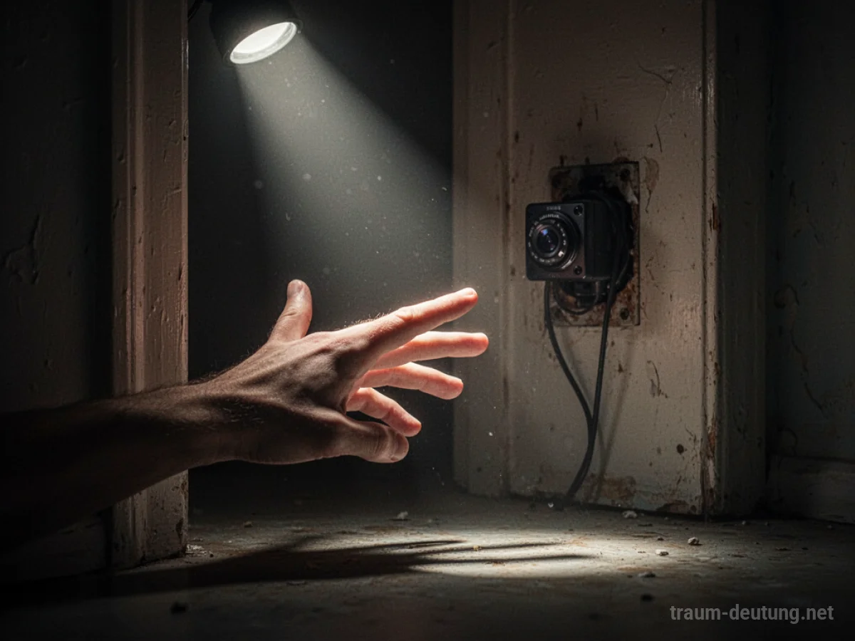 Hand greift nach versteckter Videokamera in einem dunklen Raum.