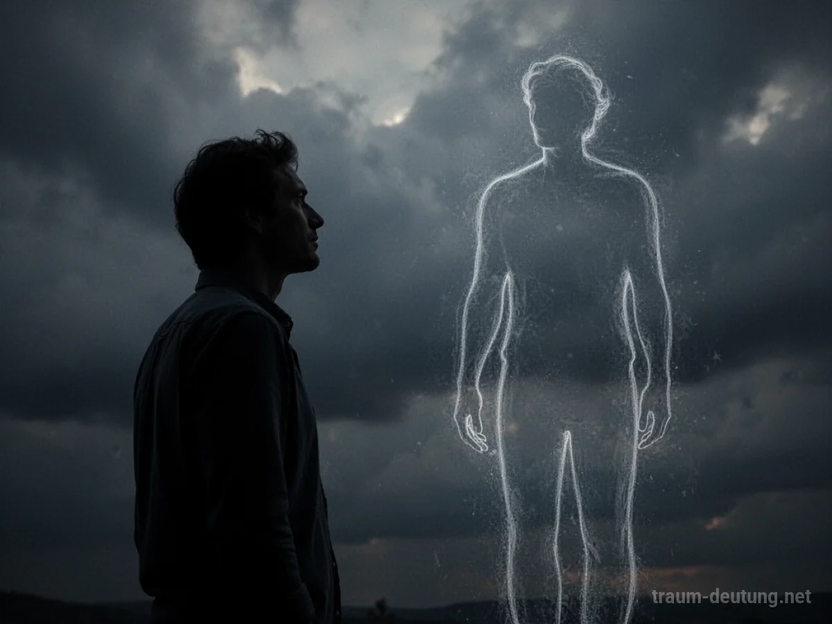 Eine Silhouette blickt auf ihren schwindenden Körperumriss vor dunklem Hintergrund.