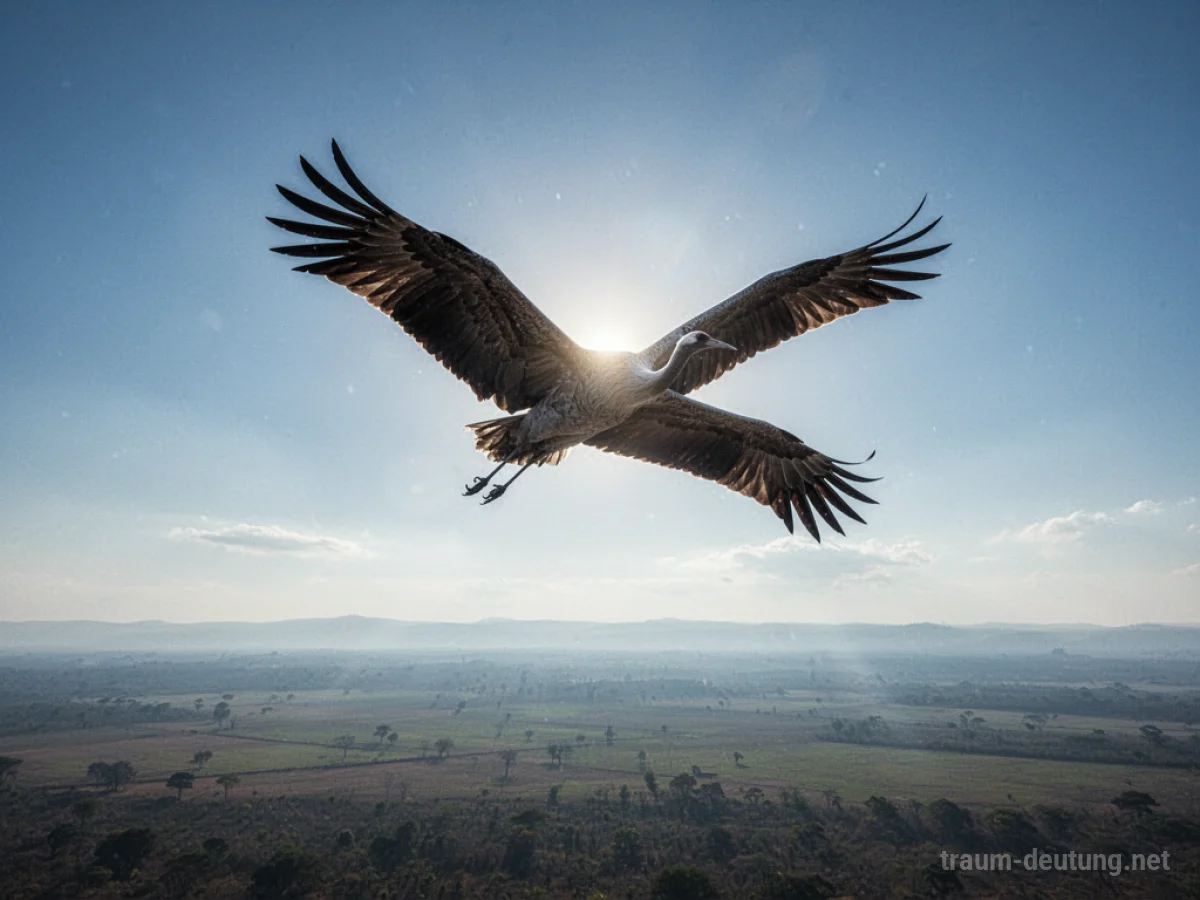 Ein großer Vogel fliegt hoch am Himmel über einer weiten Landschaft.