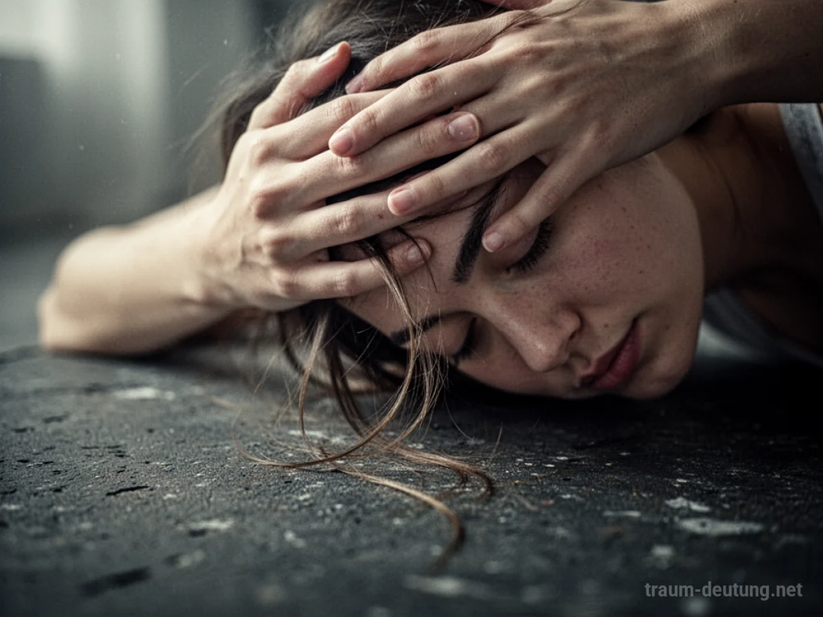 Hand berührt Kopf, Haare fallen auf dunklen Untergrund