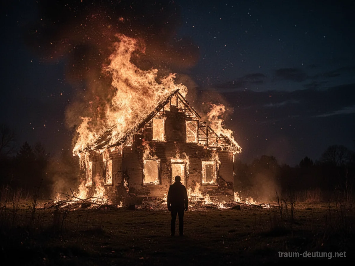 Ein Haus steht in Flammen unter einem dunklen Nachthimmel.