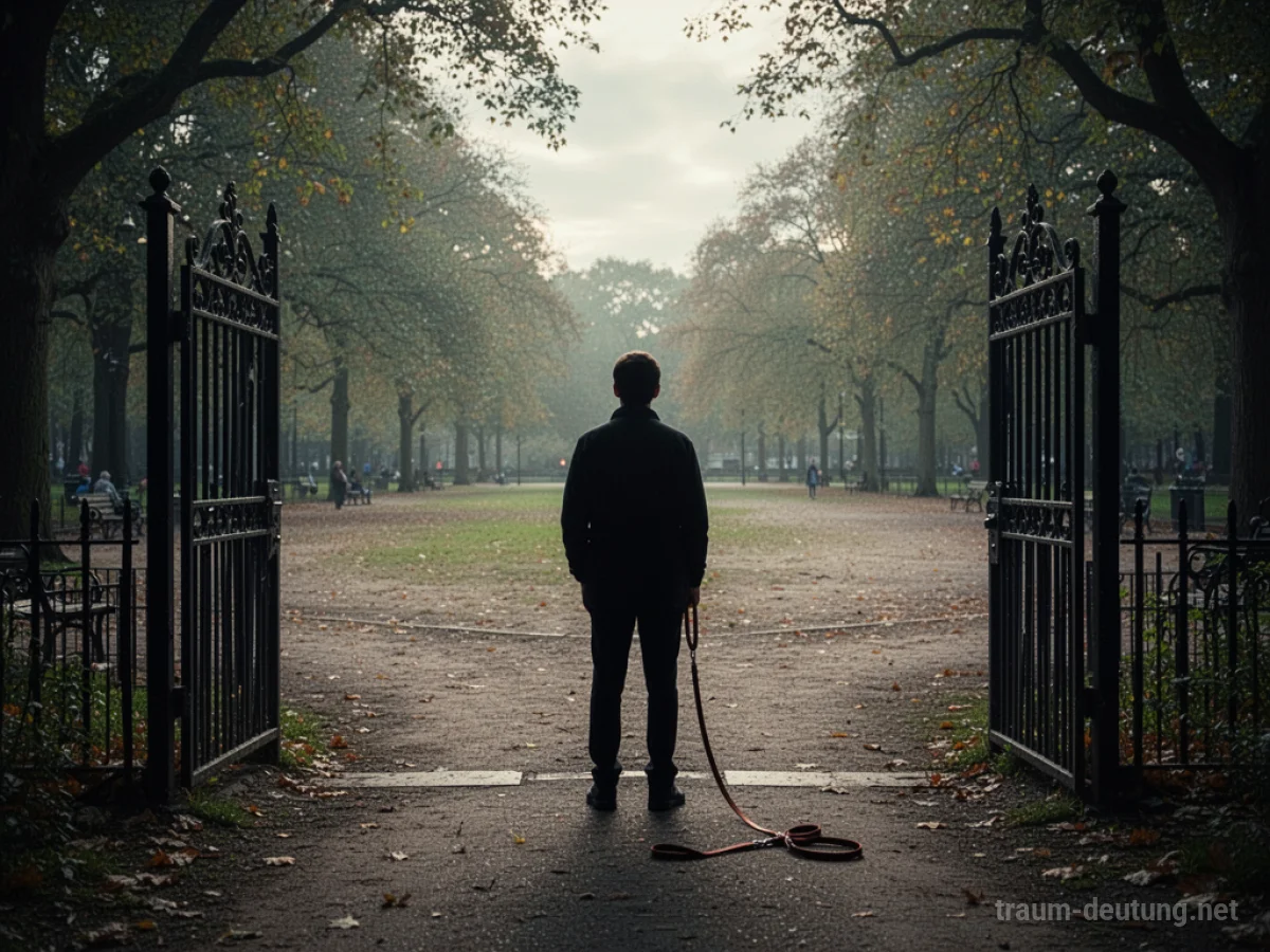 Silhouette einer Person, die vor einem leeren Park steht und eine einzelne Hundeleine am Boden liegt.
