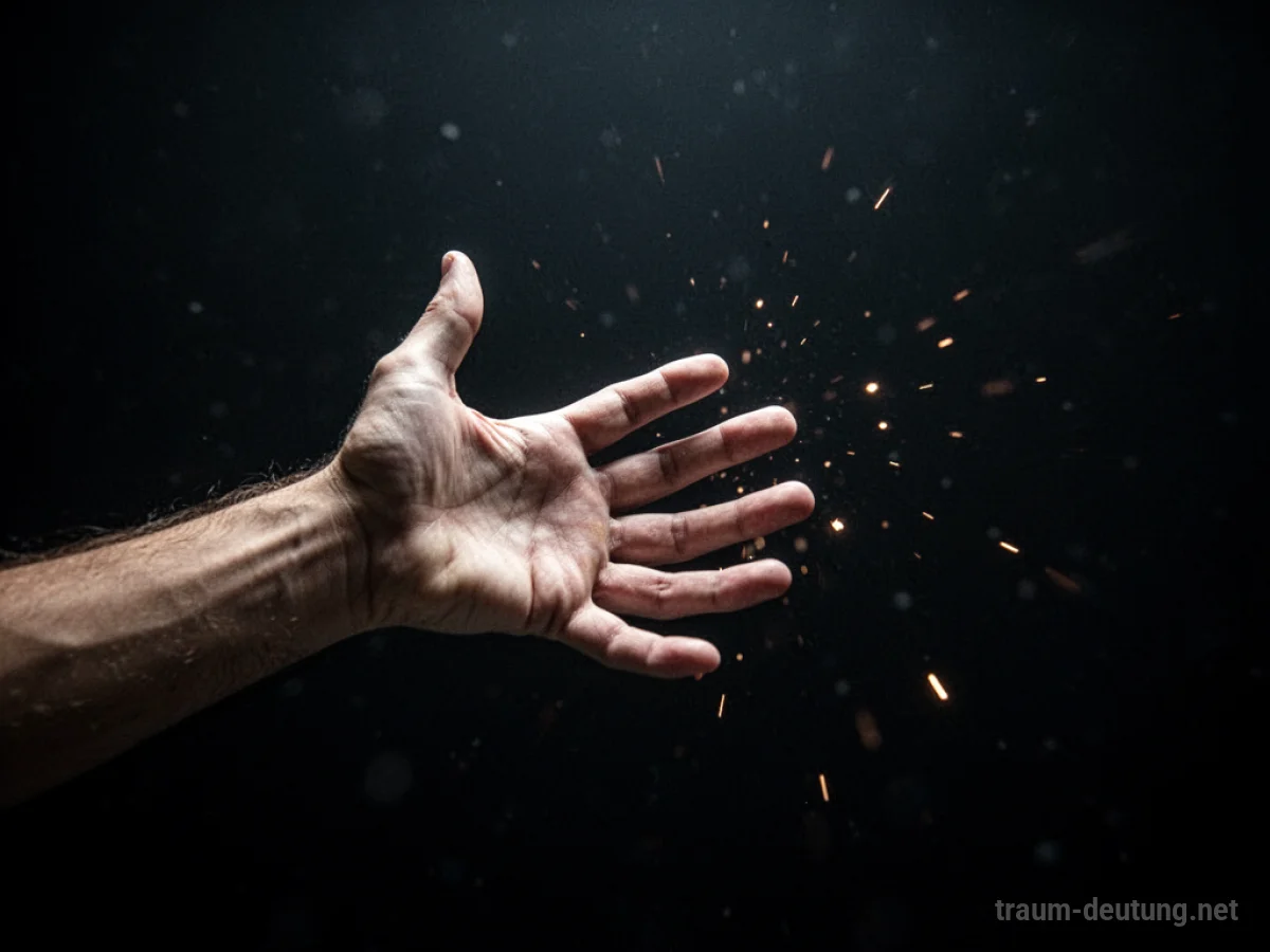 Eine einzelne Hand streckt sich in eine dunkle Leere, ferne Lichtfunken.