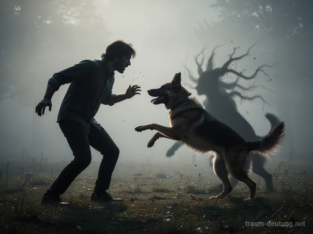Silhouette einer Person, die zurückschreckt, als ein Hund sie unerwartet beißt.