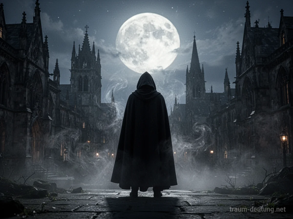 Silhouette einer Person als Vampir vor einer nächtlichen Stadt