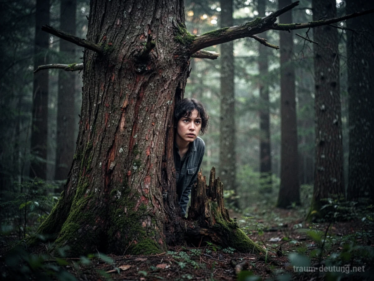 Eine Person versteckt sich hinter einem Baum im Wald und schaut vorsichtig hervor.