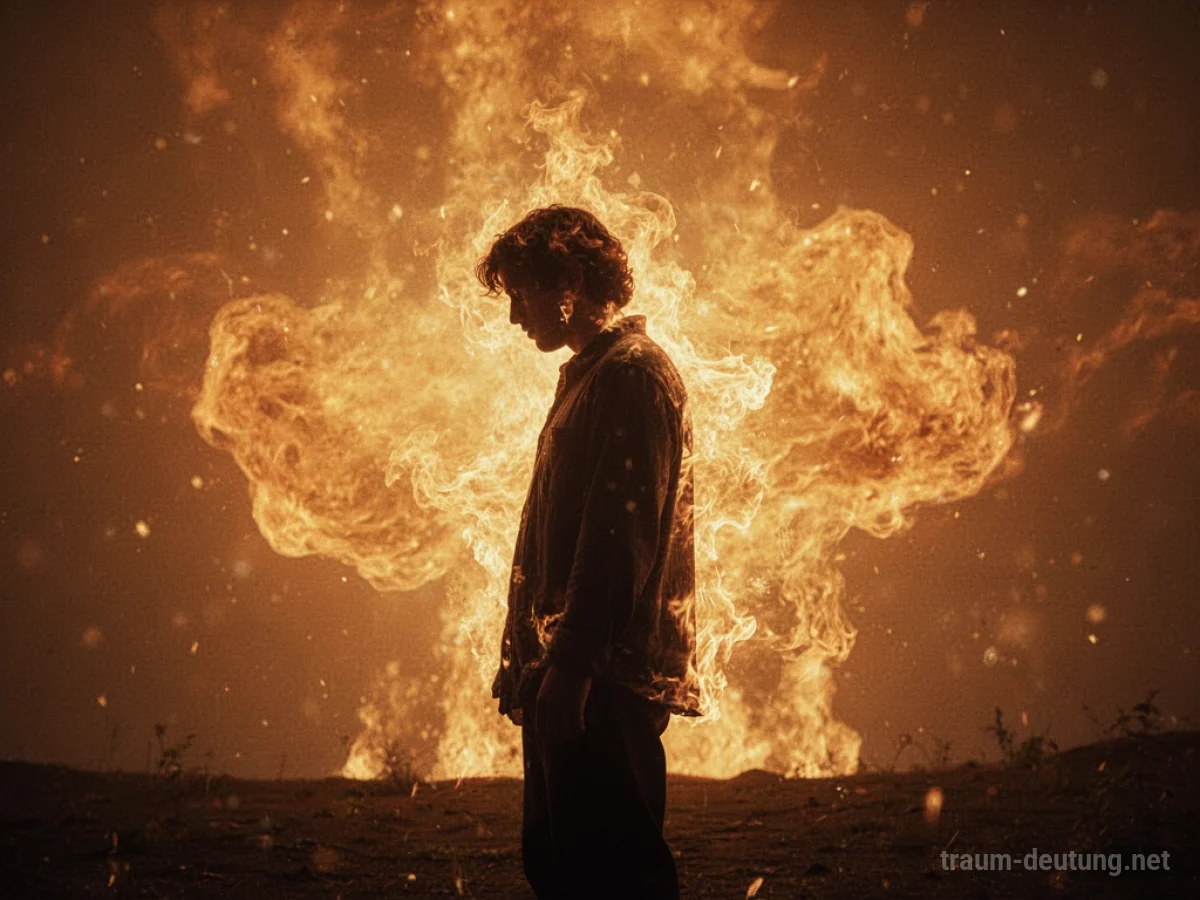 Silhouette einer Person im Licht von Flammen