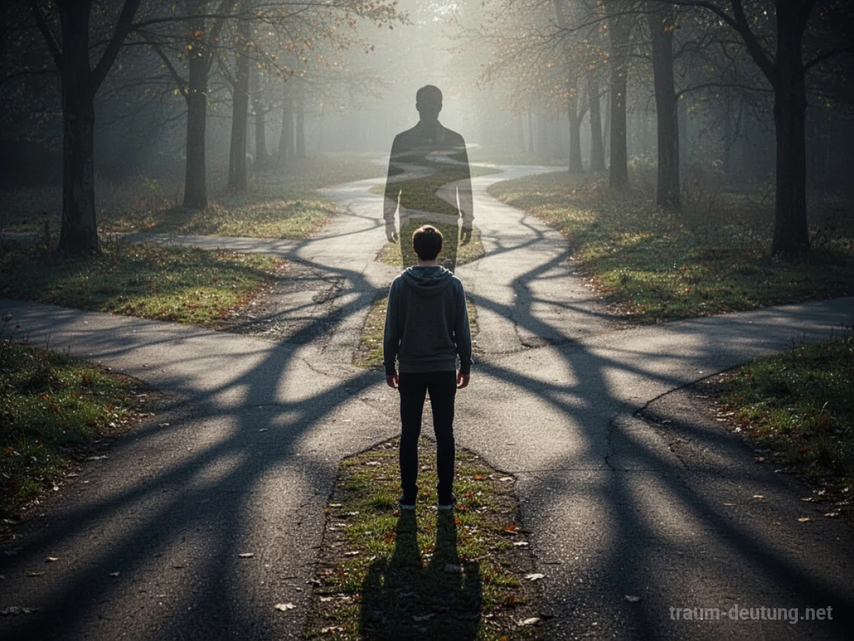 Eine Person steht an einer Weggabelung und die eigene Silhouette löst sich auf.