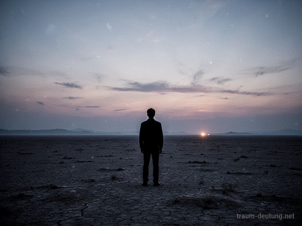 Silhouette einer einsamen Person auf einer weiten Ebene bei Dämmerung