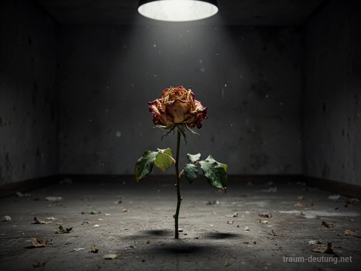 Eine verwelkende Rose in einem dunklen Raum, die Licht empfängt.