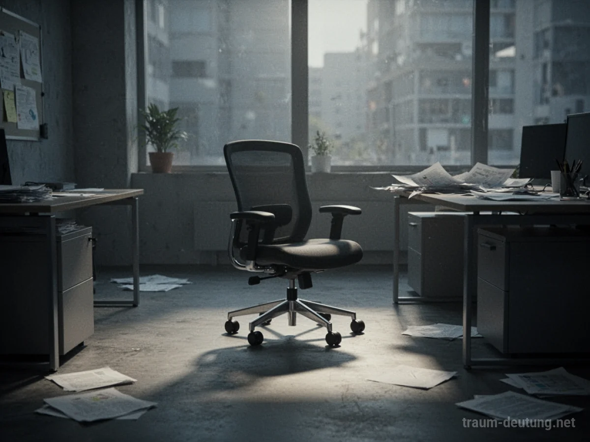 Ein leerer Bürostuhl in einem dunklen Büro, Schatten fällt auf den Boden.