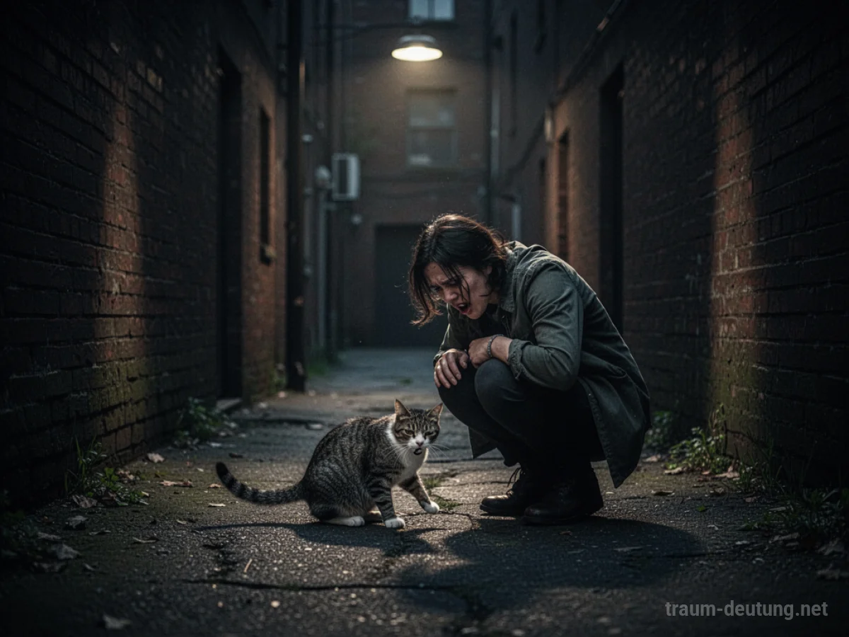 Suchende Person in einer dunklen Gasse nach einer verlorenen Katze.
